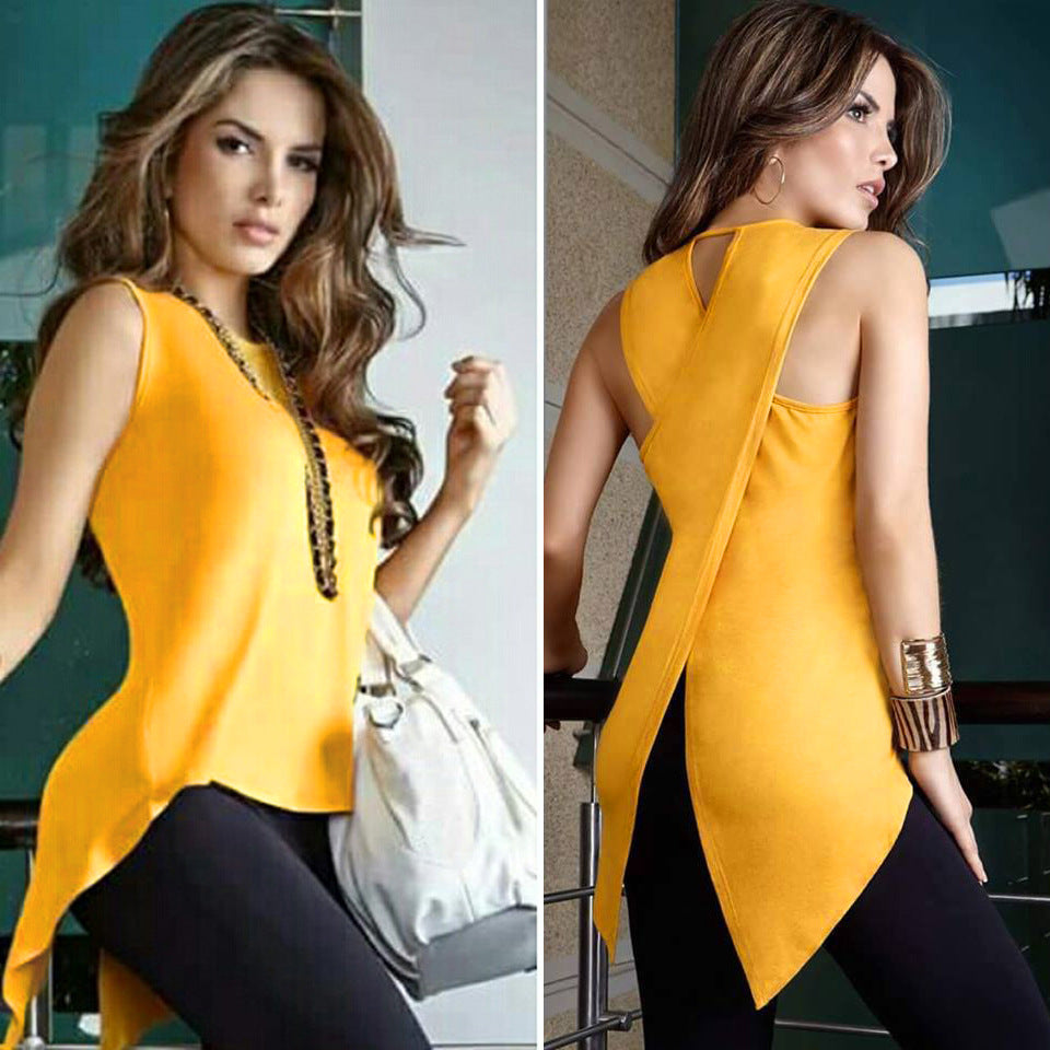 Irregular Scoop Pure Color Sleeveless Loose Split Blouse