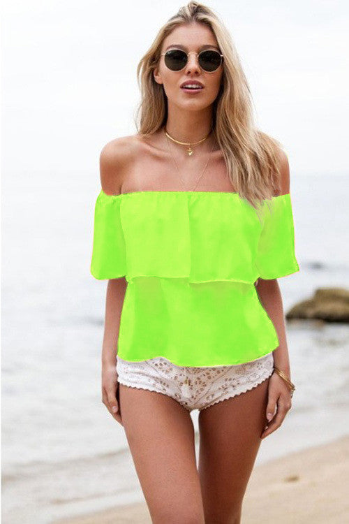 Pure Color Off Shoulder Ruffles Chiffon Blouses