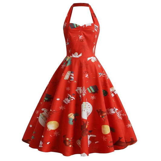 Retro Christmas Print Sweetheart Halter Dress