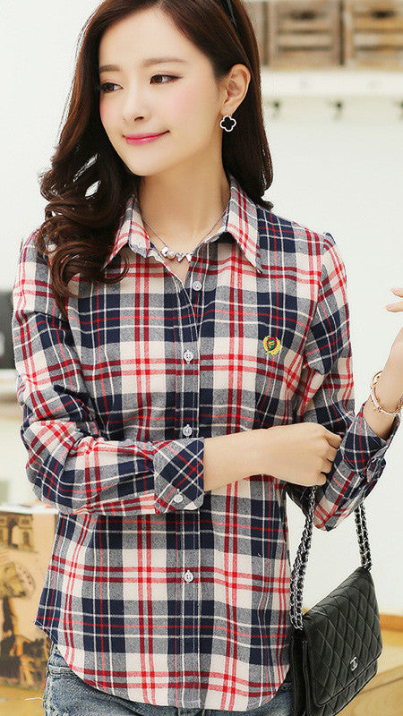 Plaid Turn-down Collar Flower Print Long Sleeves Slim Button Blouse