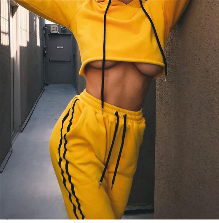 Casual Yellow Hooded Long Sleeve High Waist Pants Sets