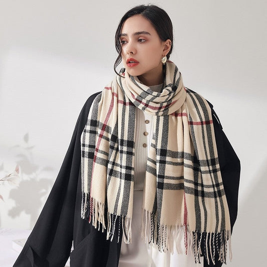 Imitated Cashmere Plaid Print Tassled Shawl Scarf