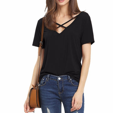 Scoop V-back Pure Color Short Sleeves Regular Blouse