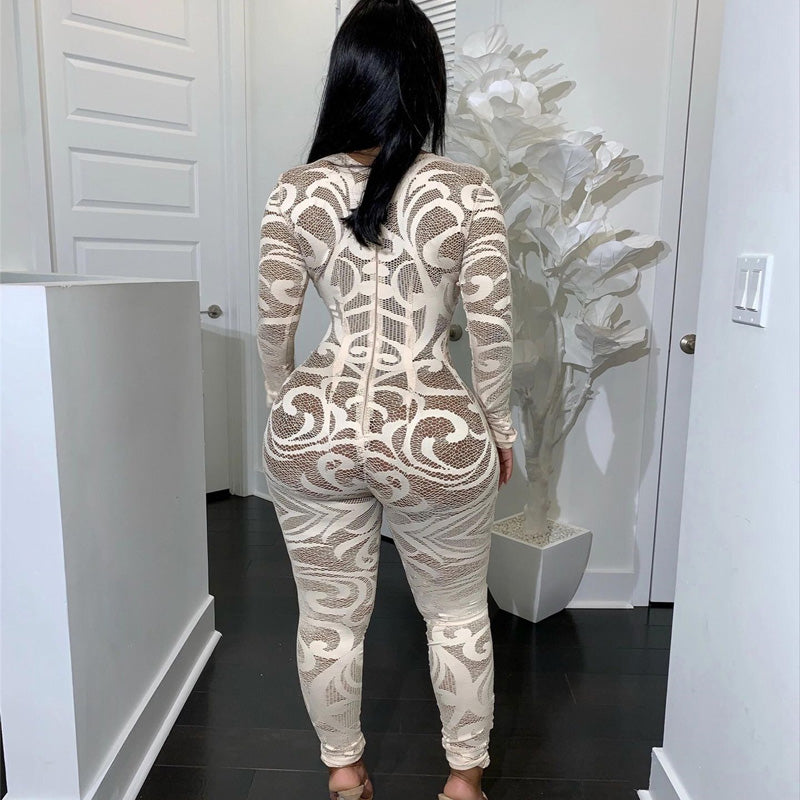 White Long Sleeves Bodycon Sheer Print Jumpsuits