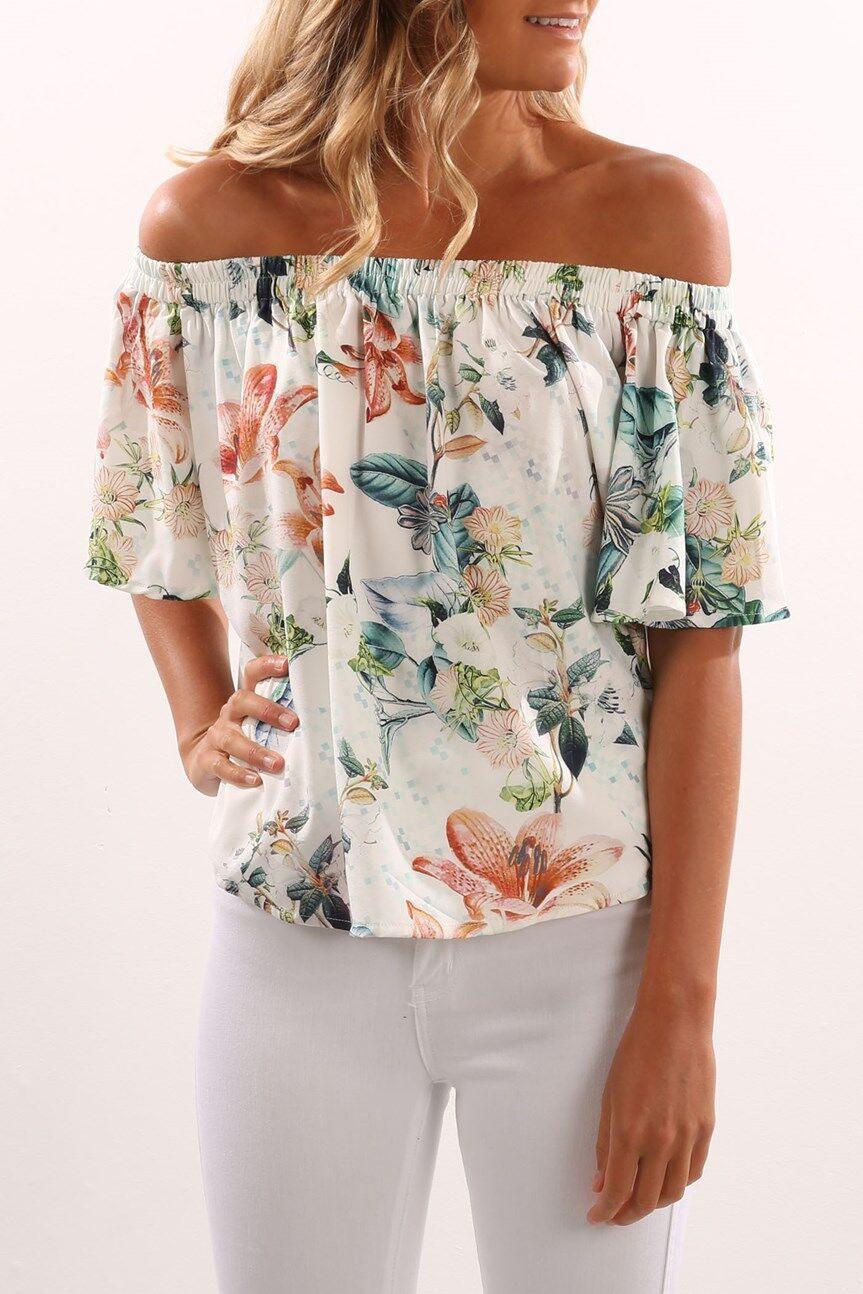 Off Shoulder Print Trumpet Sleeves Irregular Blouse