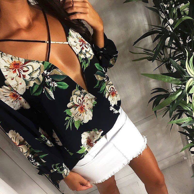 Print Long Sleeves V-neck Chiffon Blouses