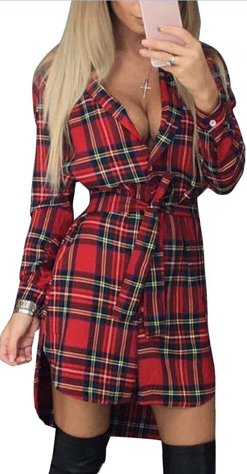 Long Sleeves Plaid Long Shirt Blouses With Belt On