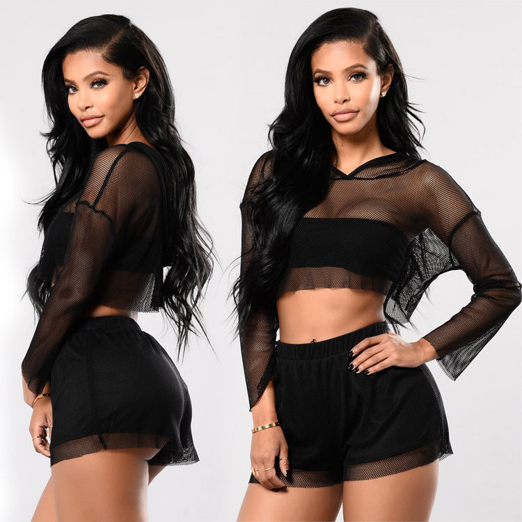 Transparent Hooded Crop Top with Shorts Two Pieces Set