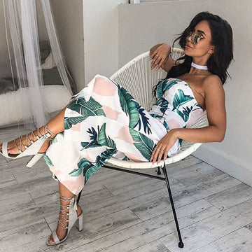 Strapless Floral Print Wide Legs Tee-length Jumpsuit