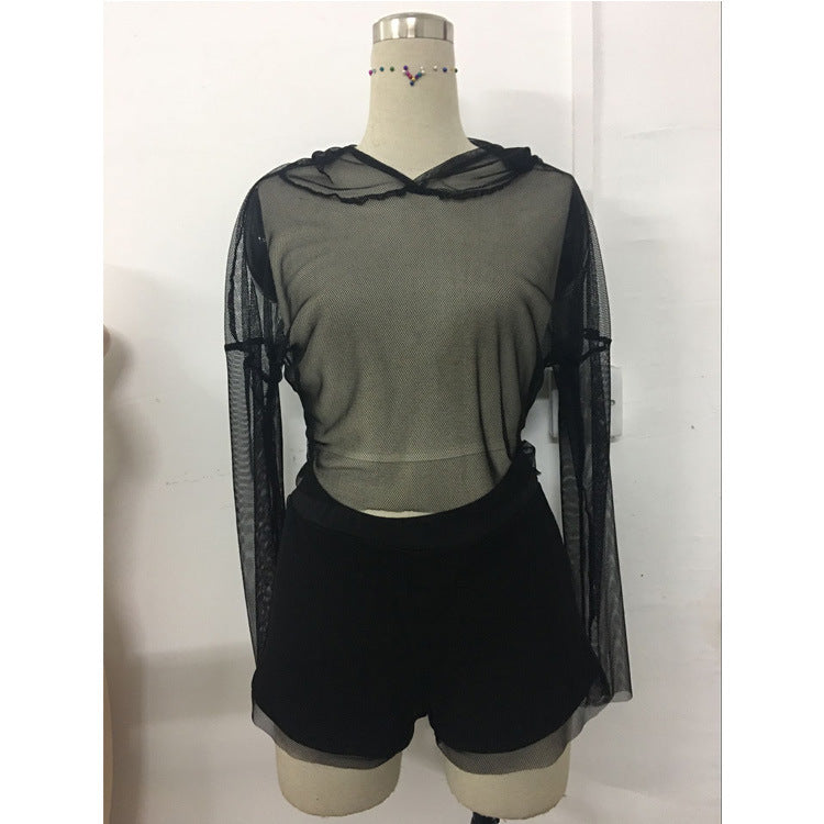 Transparent Hooded Crop Top with Shorts Two Pieces Set