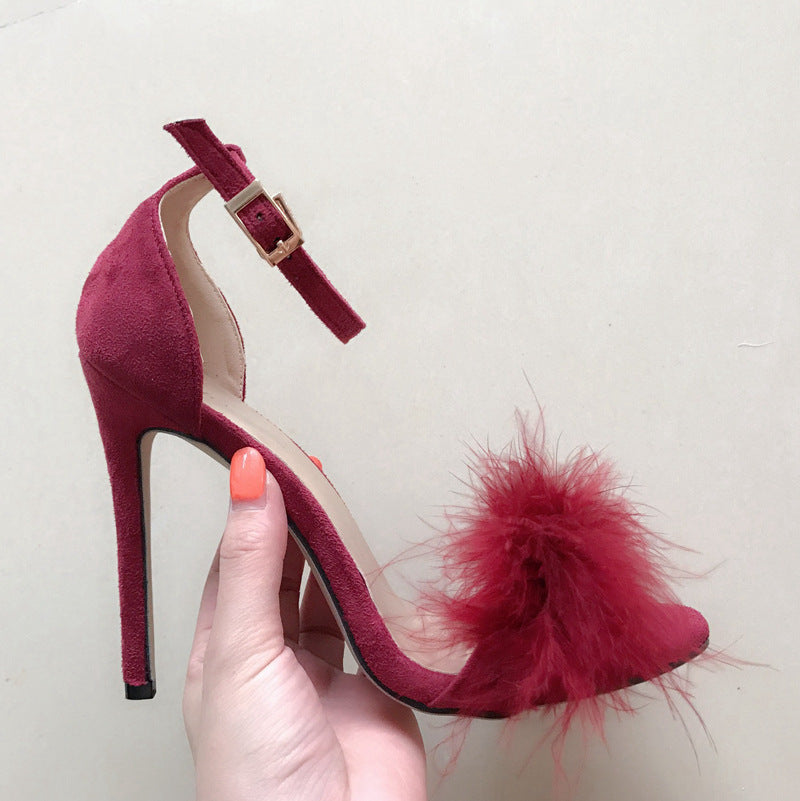 Fur Decorate Open Toe Ankle Wrap Stiletto High Heels Sandals