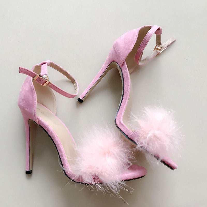 Fur Decorate Open Toe Ankle Wrap Stiletto High Heels Sandals