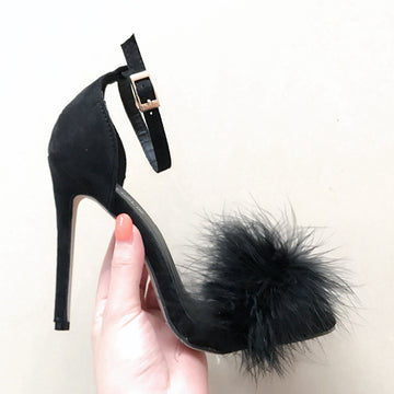 Fur Decorate Open Toe Ankle Wrap Stiletto High Heels Sandals