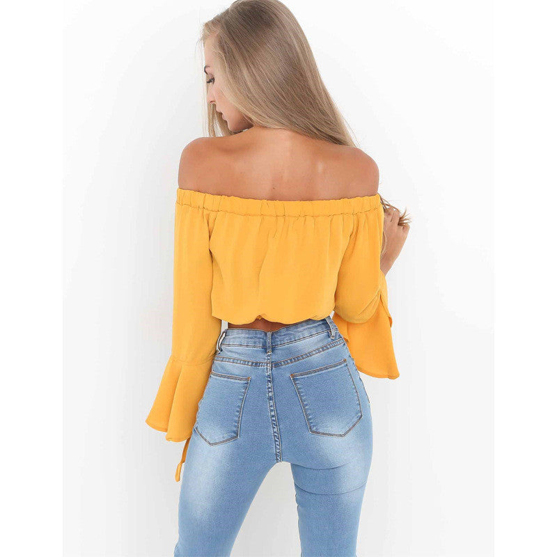 Off Shoulder Candy Color Long Trumpet Sleeves Short Blouse Crop Top