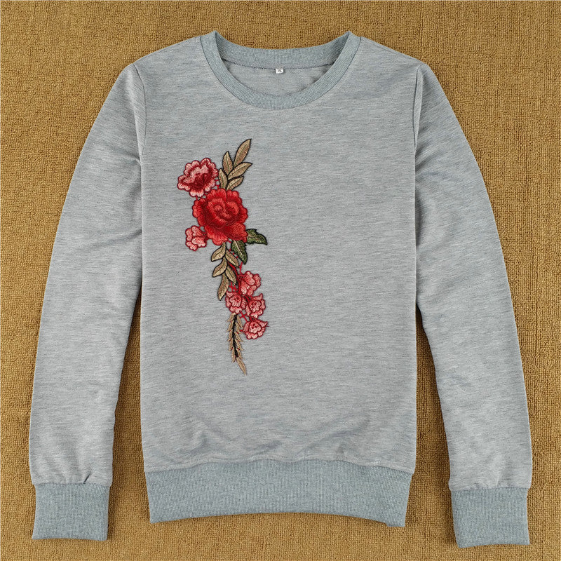 Flower Embroidery Round Collar Long Sleeves Sweatshirt