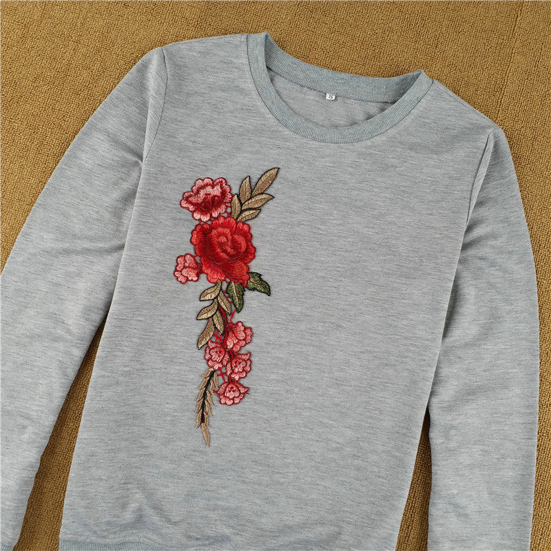 Flower Embroidery Round Collar Long Sleeves Sweatshirt