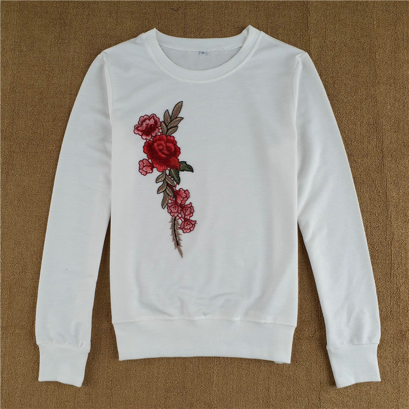 Flower Embroidery Round Collar Long Sleeves Sweatshirt