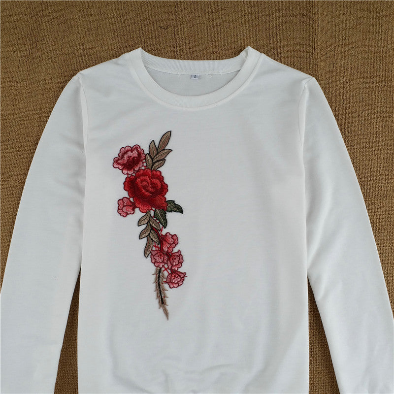 Flower Embroidery Round Collar Long Sleeves Sweatshirt