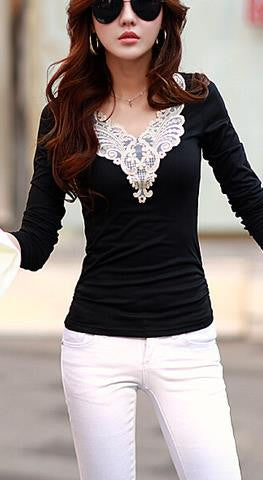 Plus Size Lace Patchwork Slim Long Sleeves V-neck Blouse