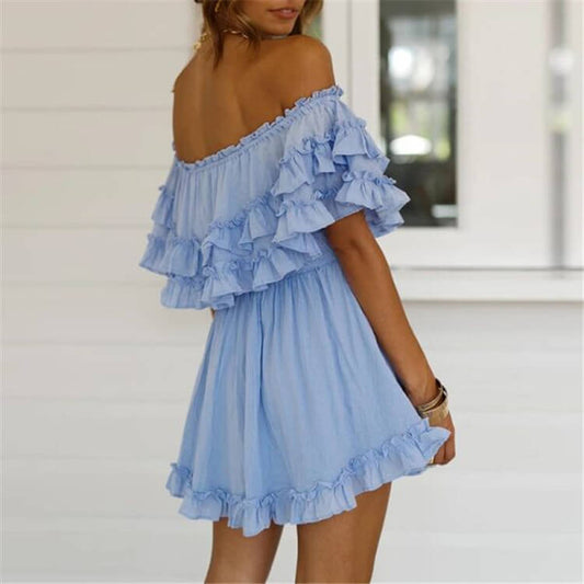 Off Shoulder Ruffle Hem A Line Short Dress