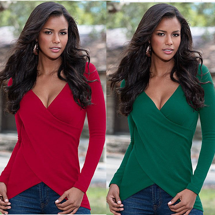 Deep V-neck Long Sleeves Skinny Pure Color Cross Wrap Blouse