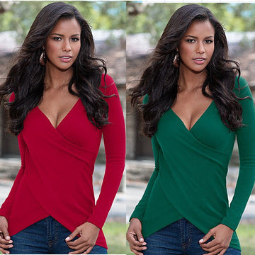 Deep V-neck Long Sleeves Skinny Pure Color Cross Wrap Blouse