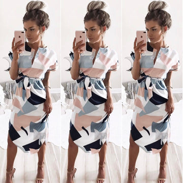 Sexy V-neck Print Irregular Knee-length Dress