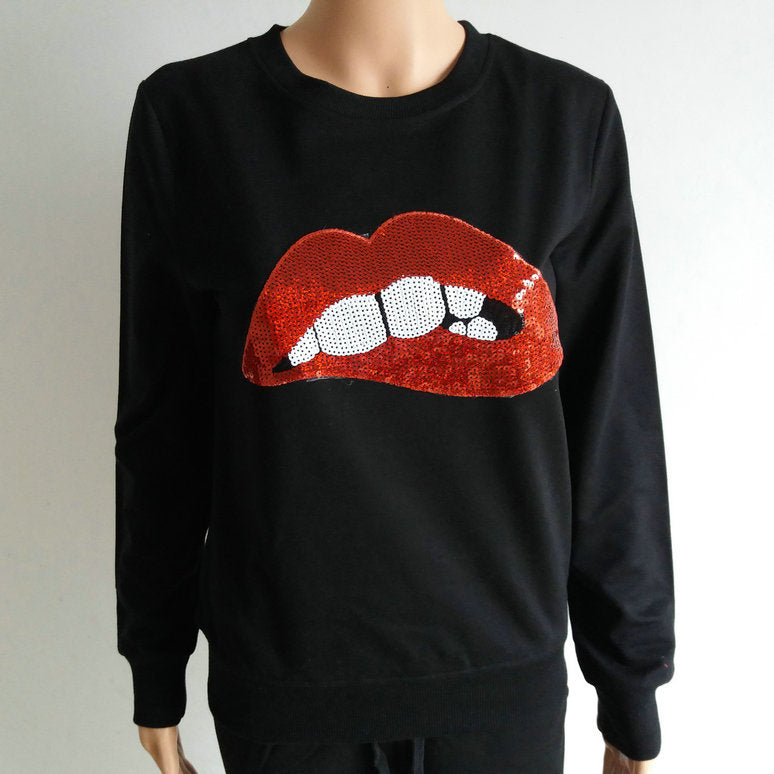 Lip Print Sequins Round Collar Long Sleeves Sweatshirt