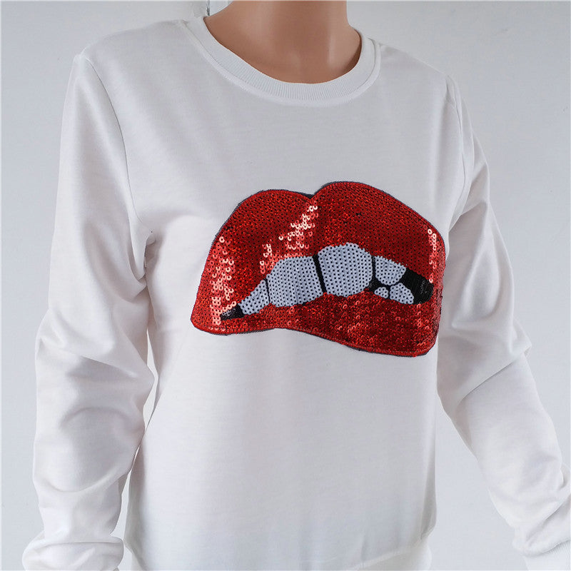 Lip Print Sequins Round Collar Long Sleeves Sweatshirt