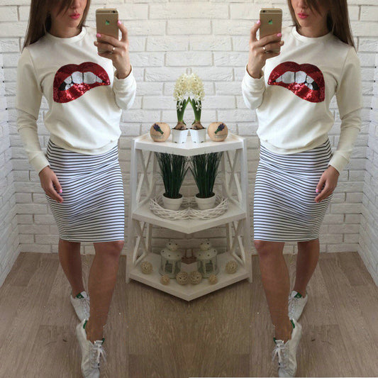 Lip Print Sequins Round Collar Long Sleeves Sweatshirt