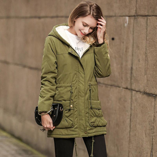 Solid Color Pockets Drawstring Women Warm Hooded Winter Oversized Coat