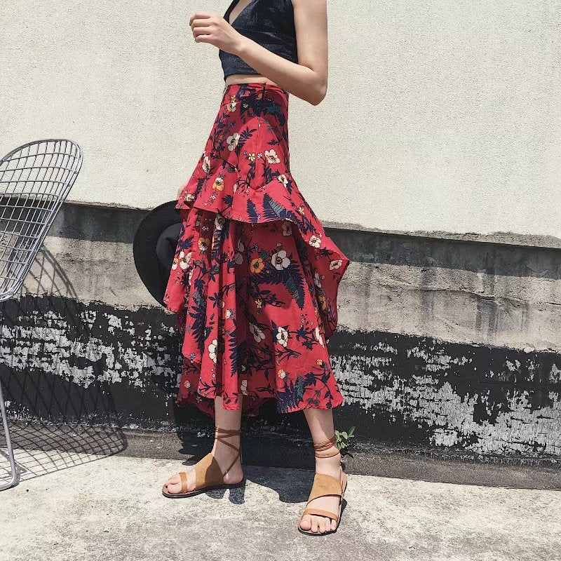 Flower Print Irregular Loose Long Skirt