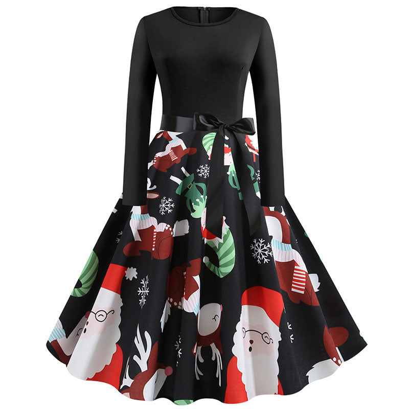 Retro Christmas Santa Print A Line Dress