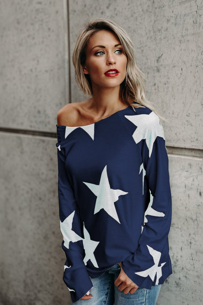 Scoop Stars Print Long Sleeves Loose Long T-shirt