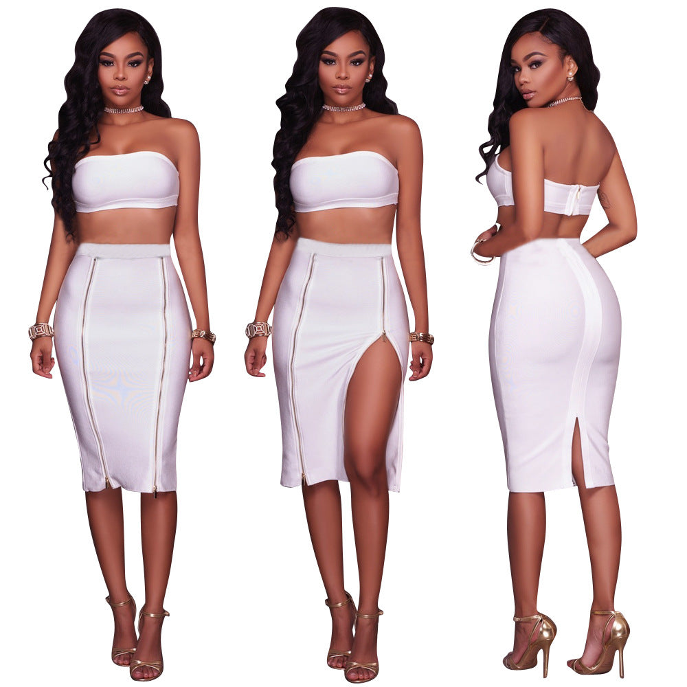 Strapless Crop Top with Zipper Knee-length Back Split Skirt Two Pieces Set