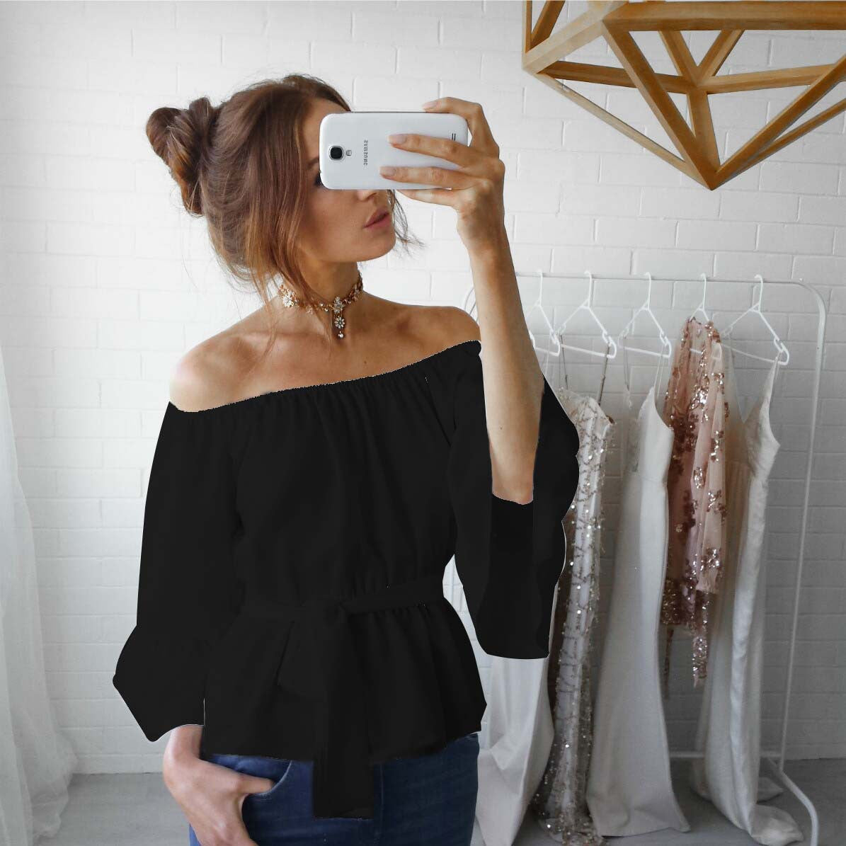 Off Shoulder Long Trumpet Sleeves Bandage Chiffon Blouses