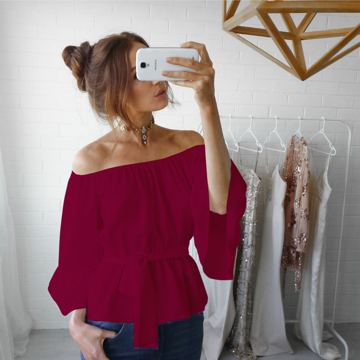 Off Shoulder Long Trumpet Sleeves Bandage Chiffon Blouses