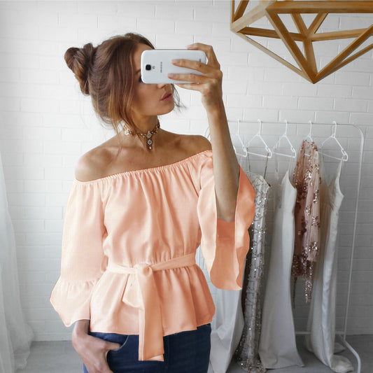 Off Shoulder Long Trumpet Sleeves Bandage Chiffon Blouses