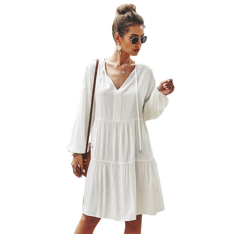 Simple V Neck Lantern Sleeve Short Dress