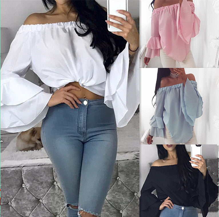 Pure Color Off Shoulder Loose Trumpet Sleeves Irregular Chiffon Blouse