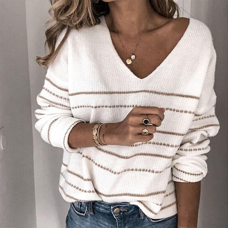 V Neck Striped Knit Sweater