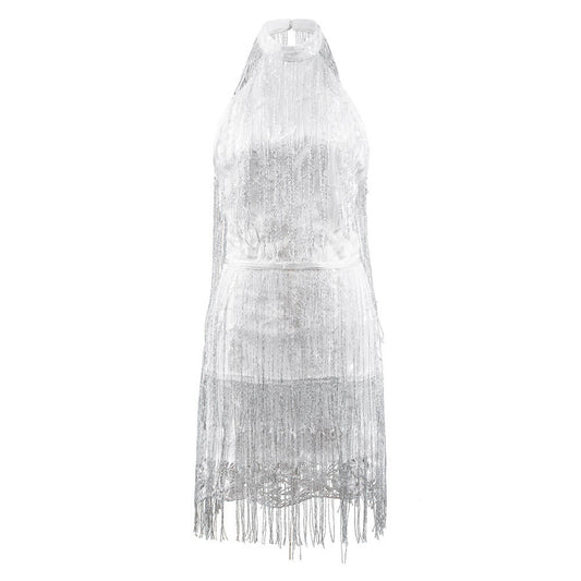 Sleeveless Fringe Stage Short Halter Dress