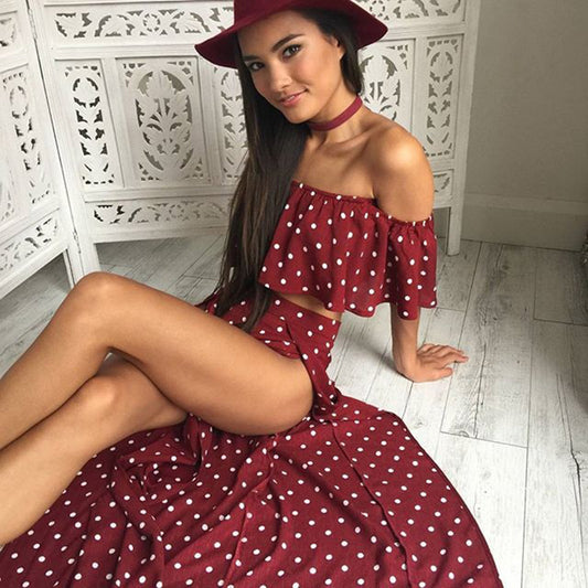 Print Ruffles Dot Crop Top with Split Skirt Two Pieces Dress Set
