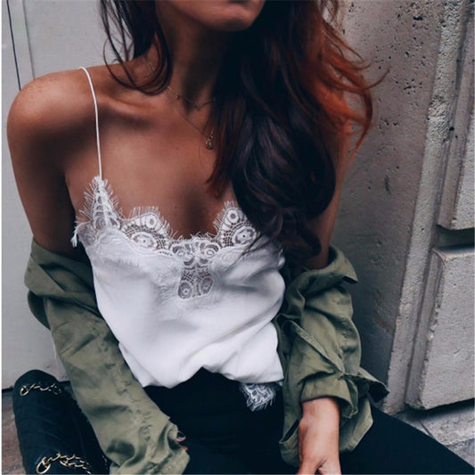 Spaghetti Straps V-neck Lace Floral Chiffon Tank Top