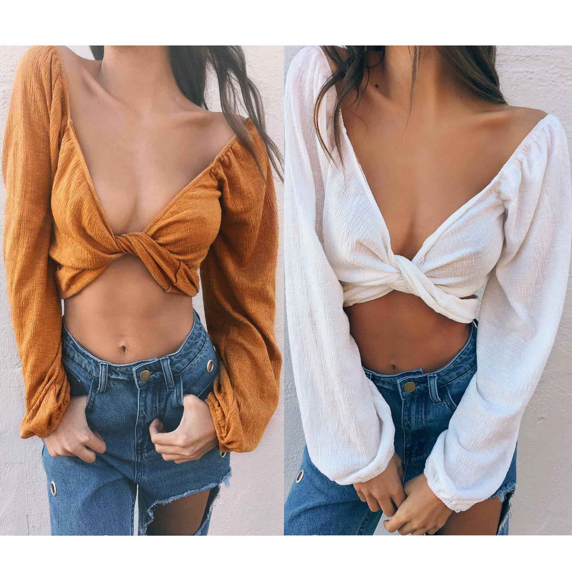 Bandage Long Sleeves Deep V-neck Crop Top Blouse