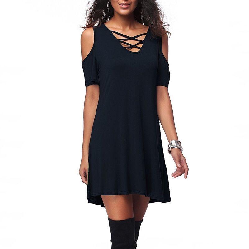 Straps Cut Out Pure Color V-neck Loose Short Dress 