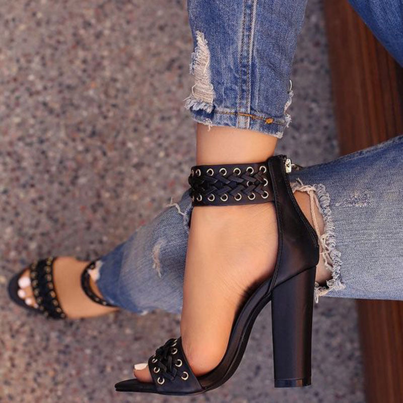 Open Toe Ankle Band Wrap High Chunky Heels Sandals