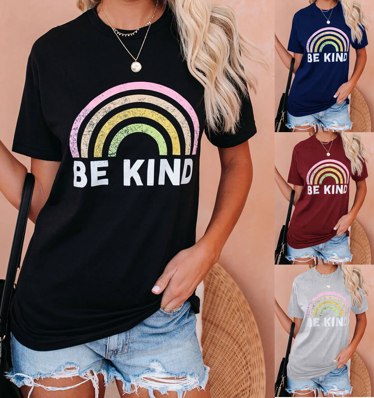 Casual Cotton Rainbow Print Loose T-shirts