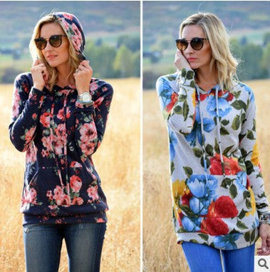 Flowers Print Pocket Drawstring Long Hoodie