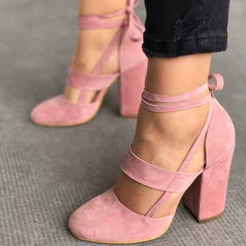 Round Toe Ankle Wrap Lace Up Chunky Heels